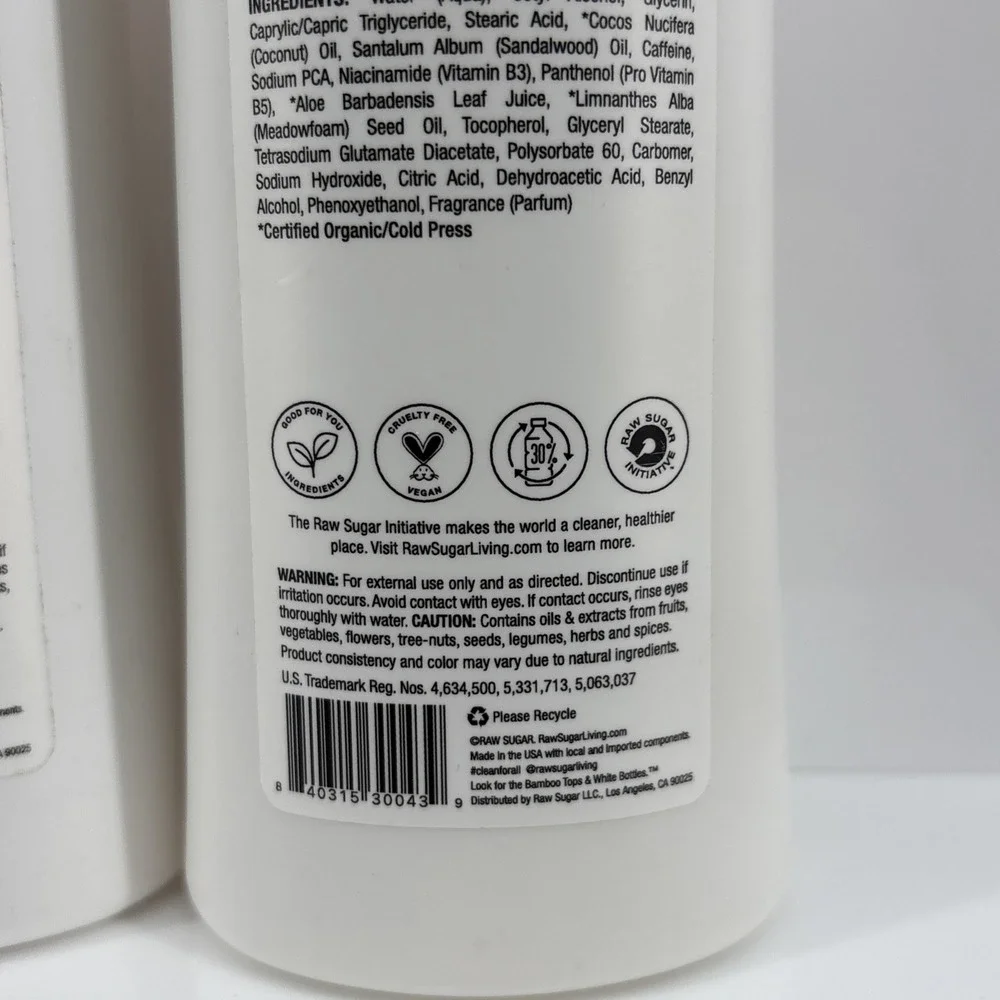 2 Raw Sugar Moisture Loving Lotion Firming Meadowfoam Santal + Caffeine 16 oz
